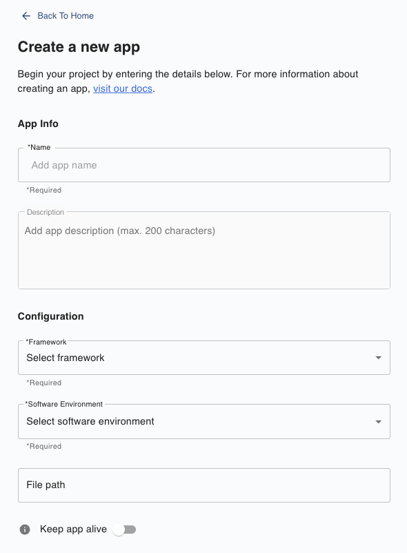 Create app form, info and configuration sections